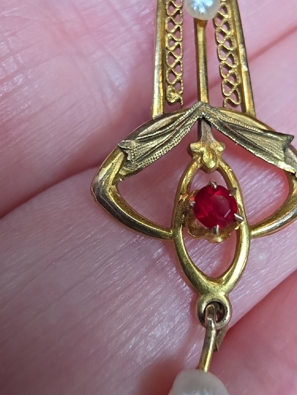 Authentic Edwardian 10K Gold Lavalier Pendant Necklace Drop Ruby Pearl - Picture 6 of 11